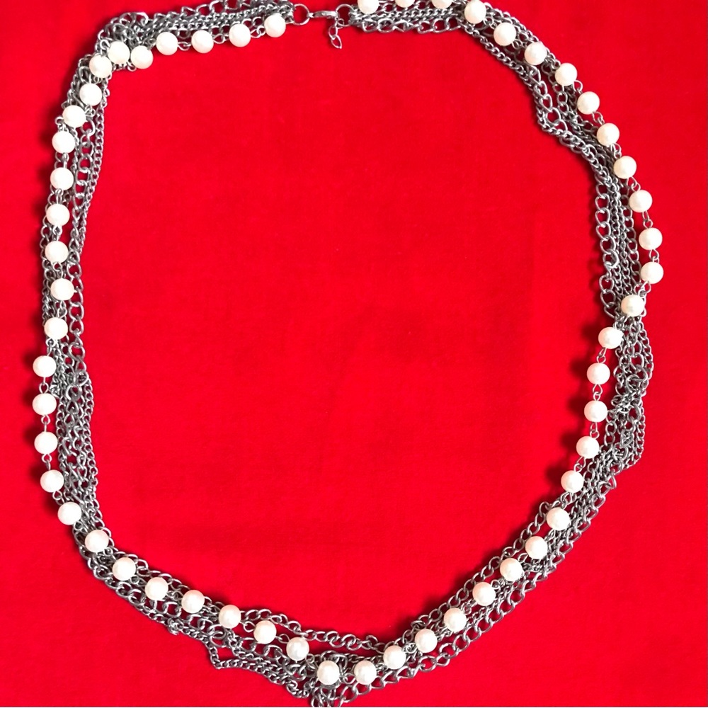 Cuban Link Convertible Layered Row Drape Curb Pave Pearl Silver Chain Necklace - Picture 2 of 6